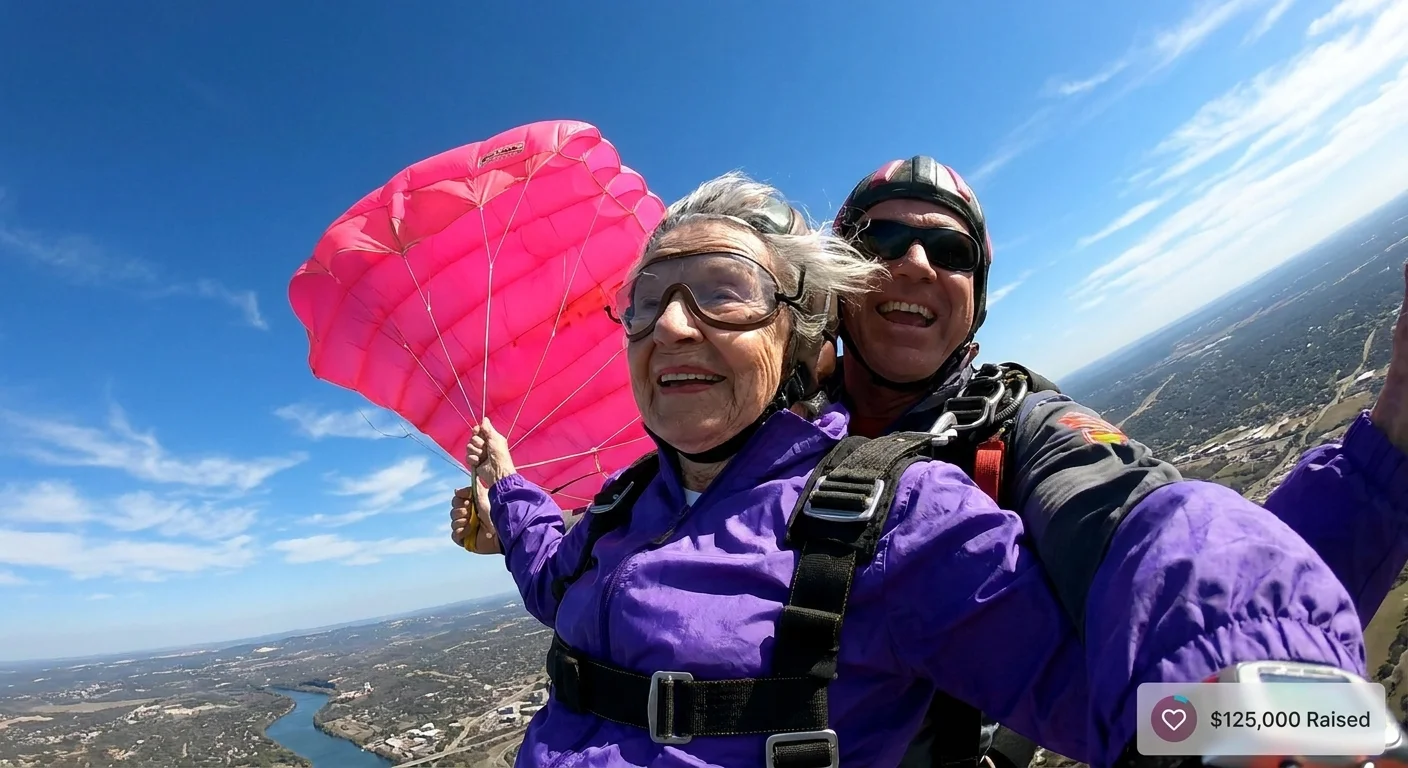 100-year-old Shirley Thompson skydiving with a neon pink parachute, with a digital text overlay showing $125,000 raised.