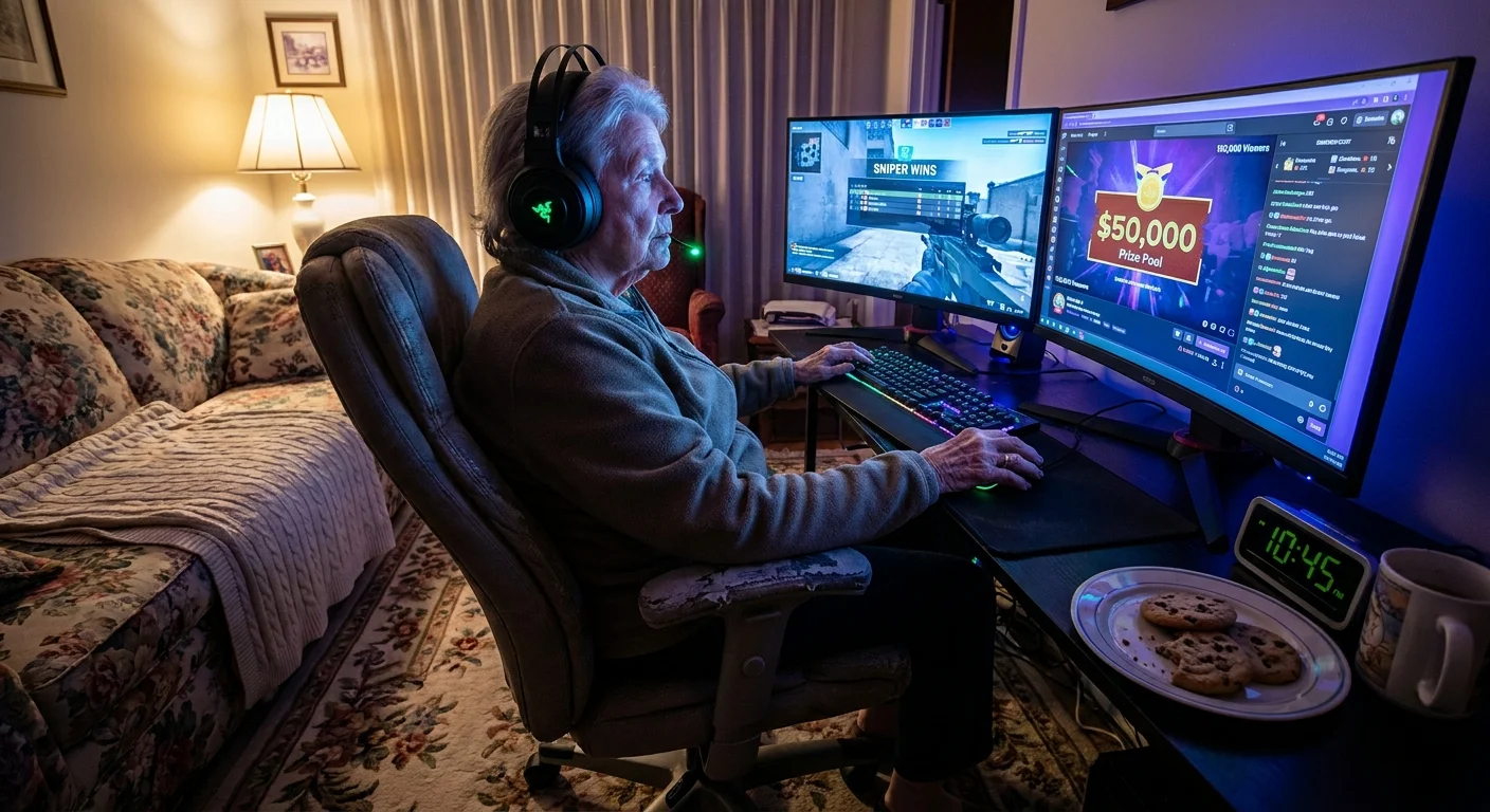 88-year-old Martha 'Sniper' Higgins wearing a gaming headset, focused on a glowing monitor with a $50,000 prize alert.