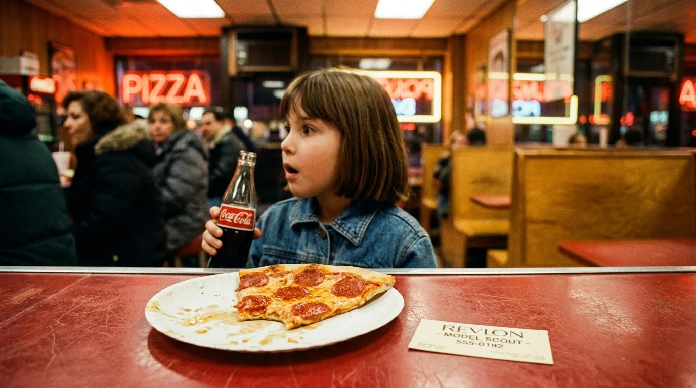 A 35mm film style photo of a pizza slice and a cosmetic scout's business card on a red table in a pizza parlor.