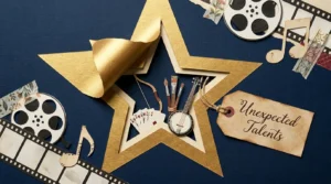 A 3D paper-craft collage showing a gold star peeling away to reveal objects like an archery bow, paintbrushes, and playing cards.