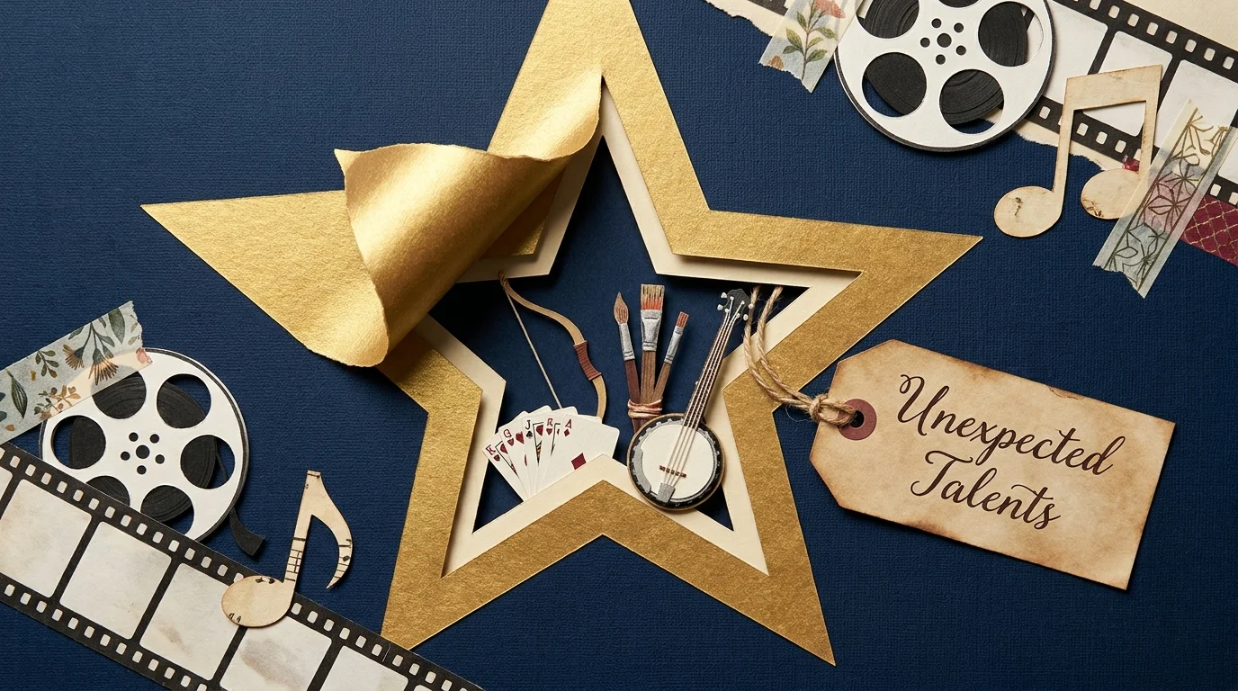 A 3D paper-craft collage showing a gold star peeling away to reveal objects like an archery bow, paintbrushes, and playing cards.