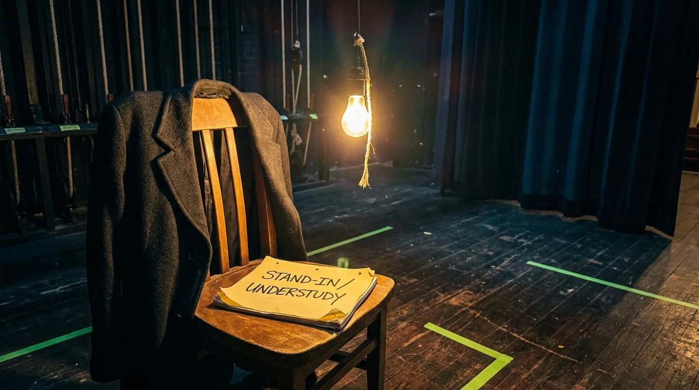 A backstage theater scene featuring an understudy's script and an overcoat on a chair under a single lightbulb.