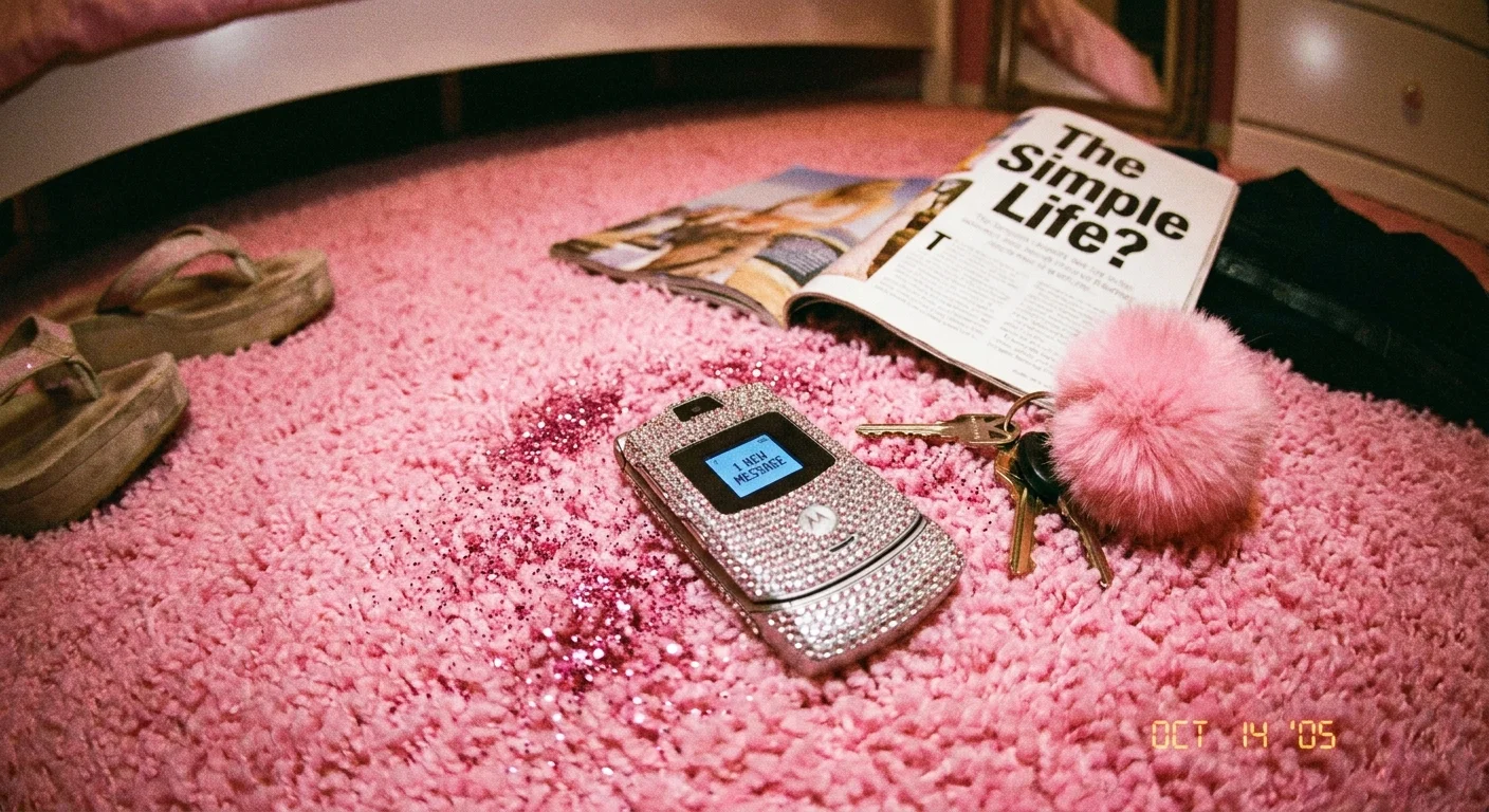 A bedazzled silver flip phone on a pink shag carpet with glitter and a magazine titled 'The Simple Life'.