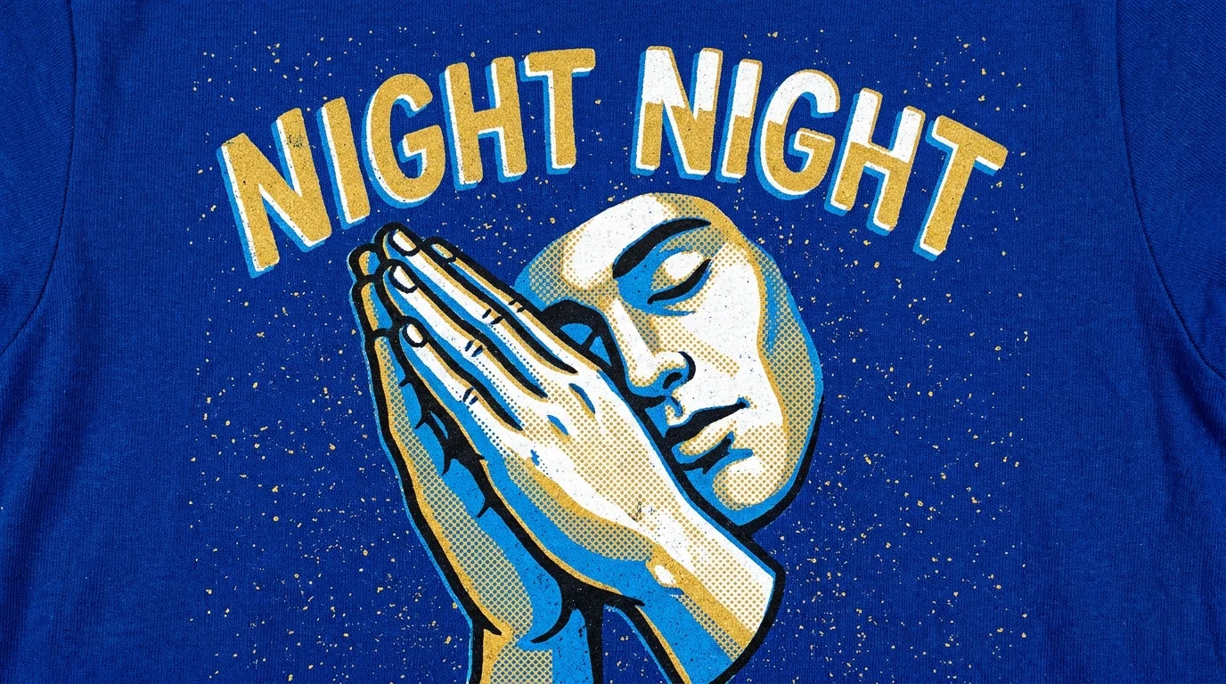 A bold blue and gold graphic illustration of the 'night night' sleeping gesture with athletic text.