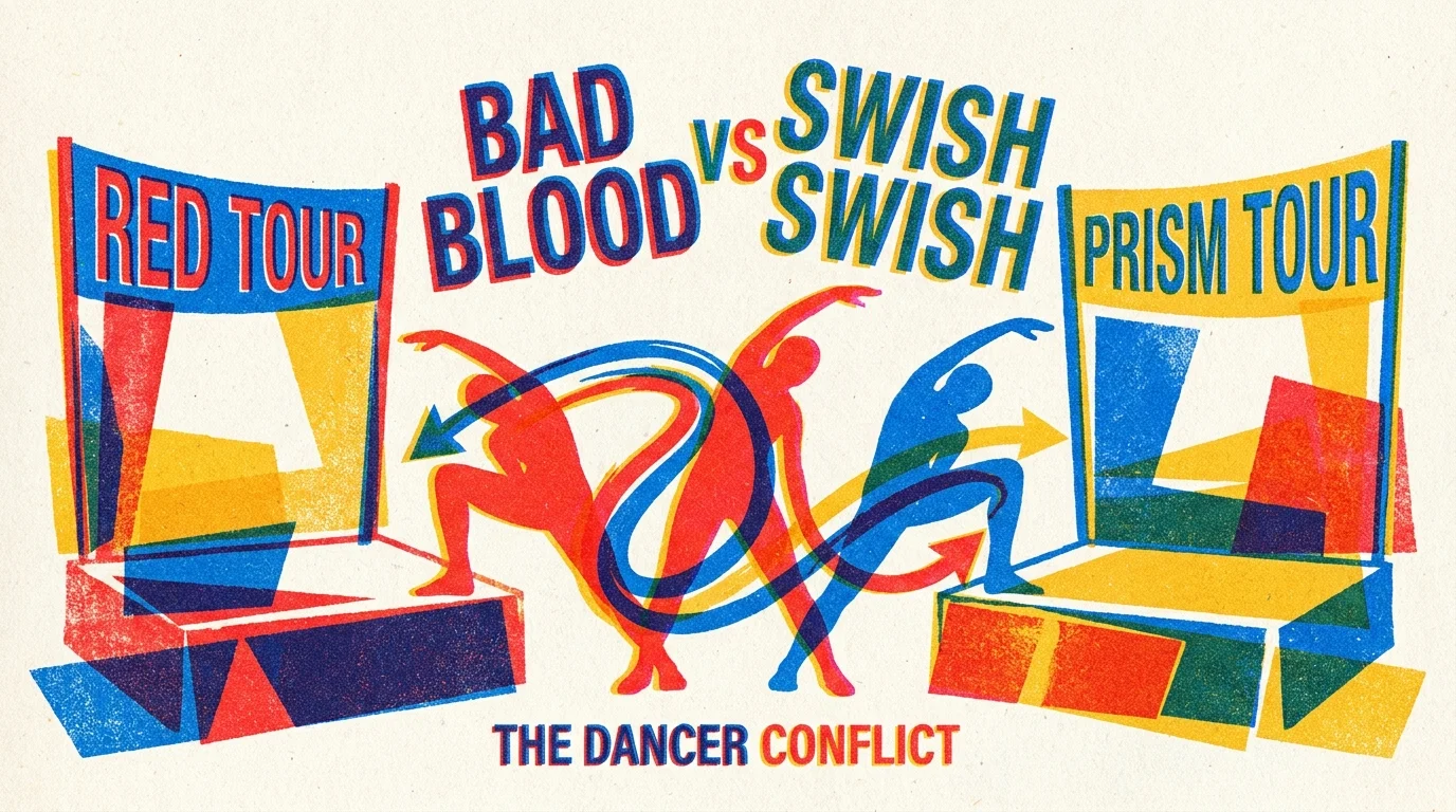 A bold Risograph illustration of backup dancers between two stages labeled 'Red Tour' and 'Prism Tour' in red, blue, and yellow.
