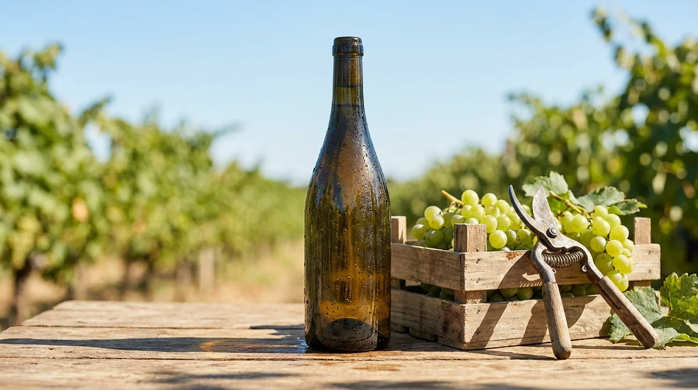 A bottle of white wine and fresh grapes on a wooden table in a sunlit vineyard, showcasing organic wine production.