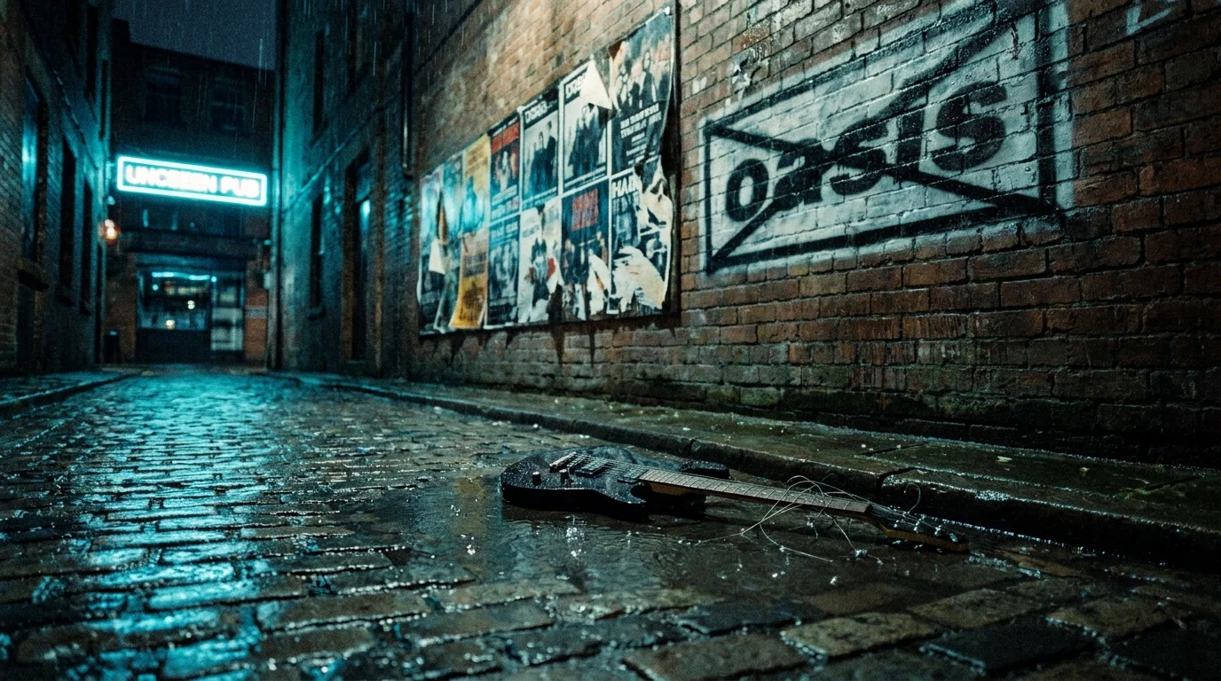 A broken electric guitar on wet cobblestones in a dark alleyway with a crossed-out band logo on the wall.