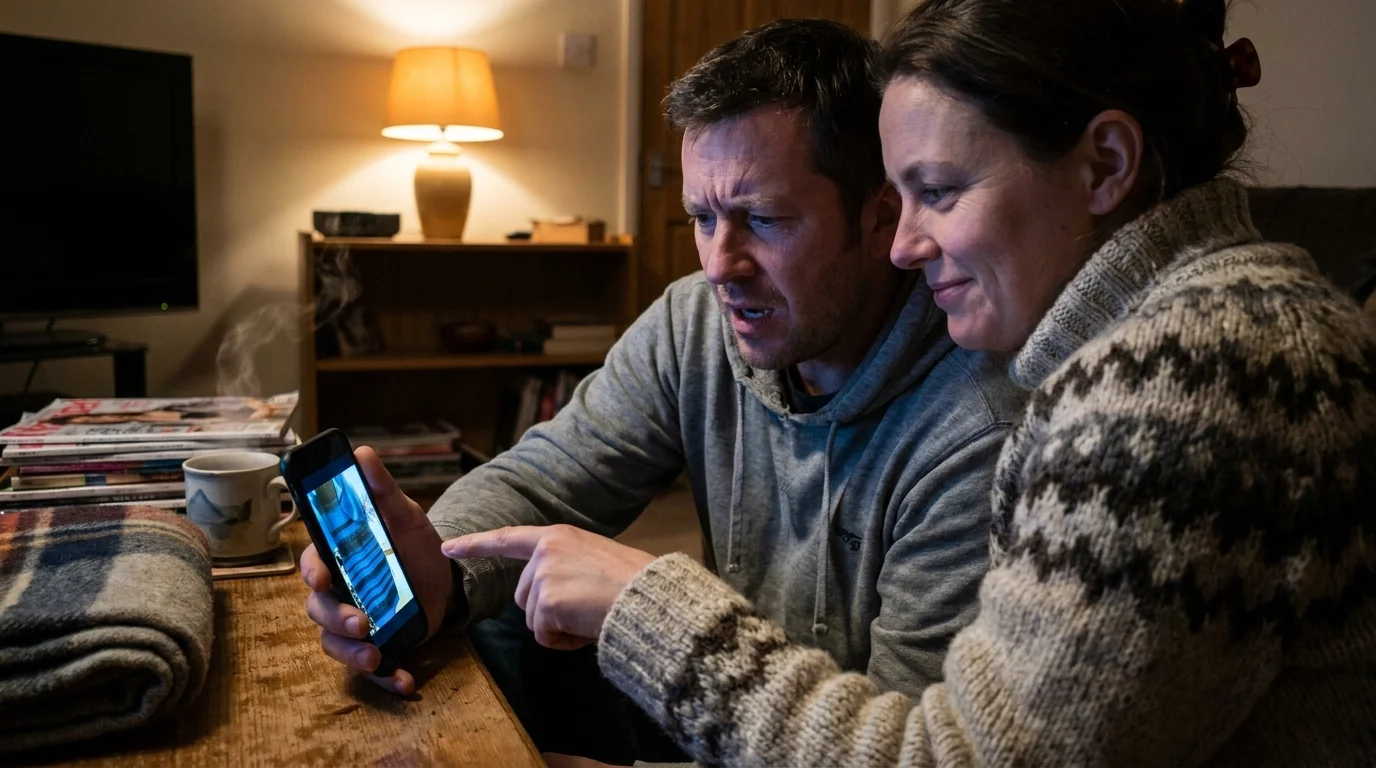 A candid photo of two friends looking at 'The Dress' on a smartphone in a living room, debating its colors.