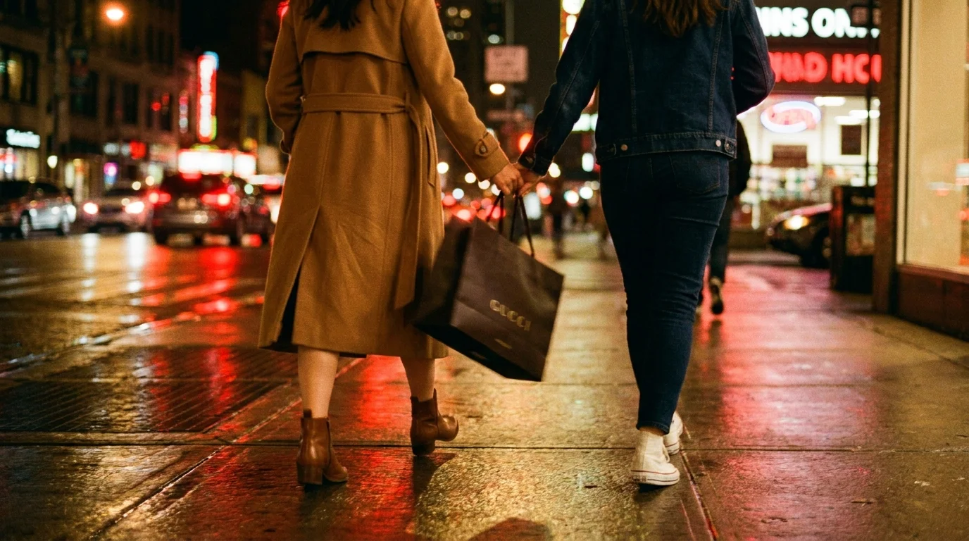A candid shot of two women walking together on a wet city street at night, seen from the waist down.