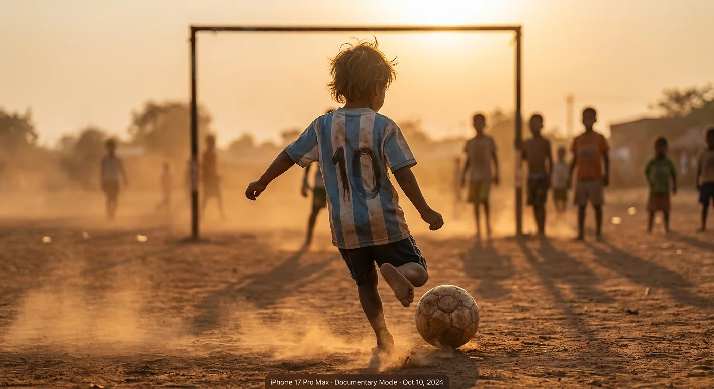 A child in a handmade number 10 jersey kicks a soccer ball on a dusty field during a golden sunset.