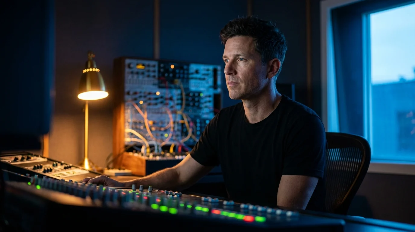 A cinematic photo of a polished man in a dark music studio with glowing mixing console lights and professional lighting.