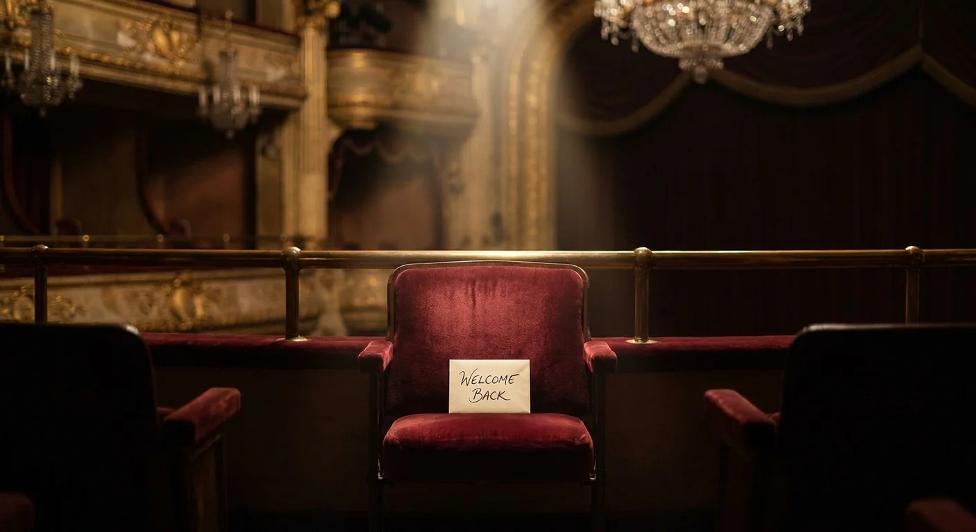 A cinematic photo of a single spotlight hitting a theater seat with a 'Welcome Back' note, symbolizing a triumphant return.