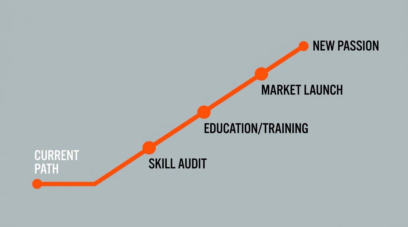 A clean, modern diagram showing a career pivot roadmap with steps like 'Skill Audit' and 'New Passion'.