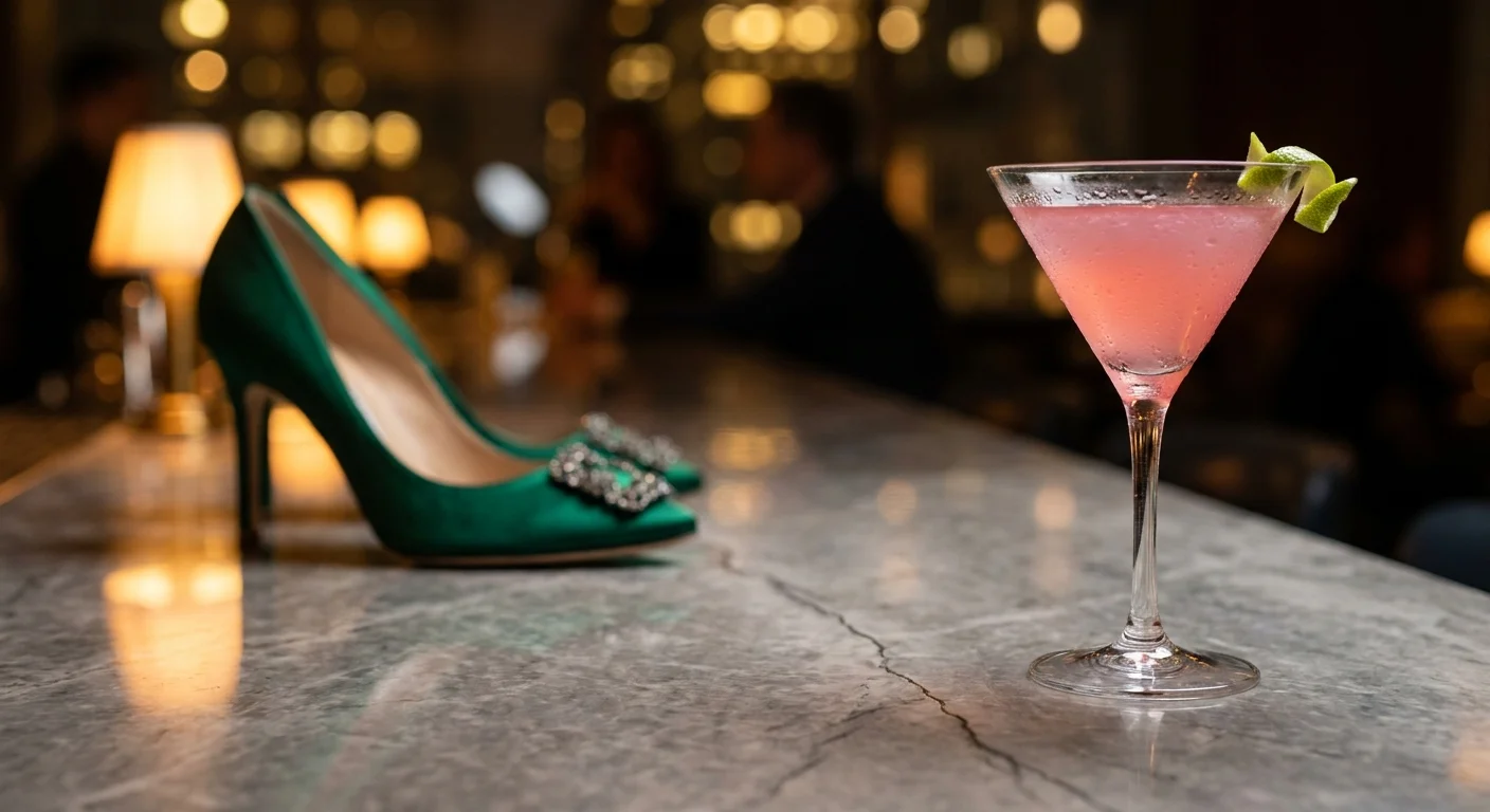 A close-up of a designer shoe and a pink cocktail on a cracked marble table in a high-end lounge setting.
