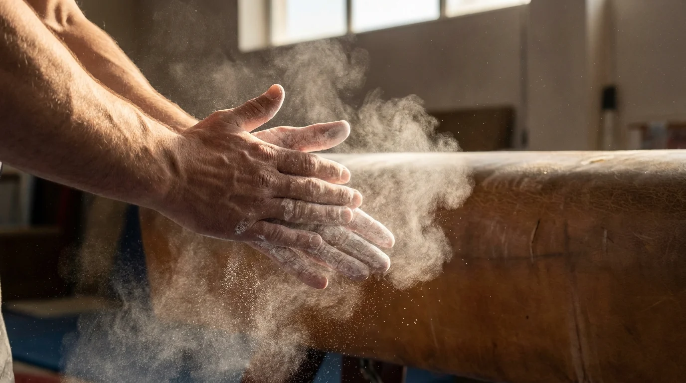 A close-up of an athlete's hands covered in white chalk, with dust floating in a beam of light.