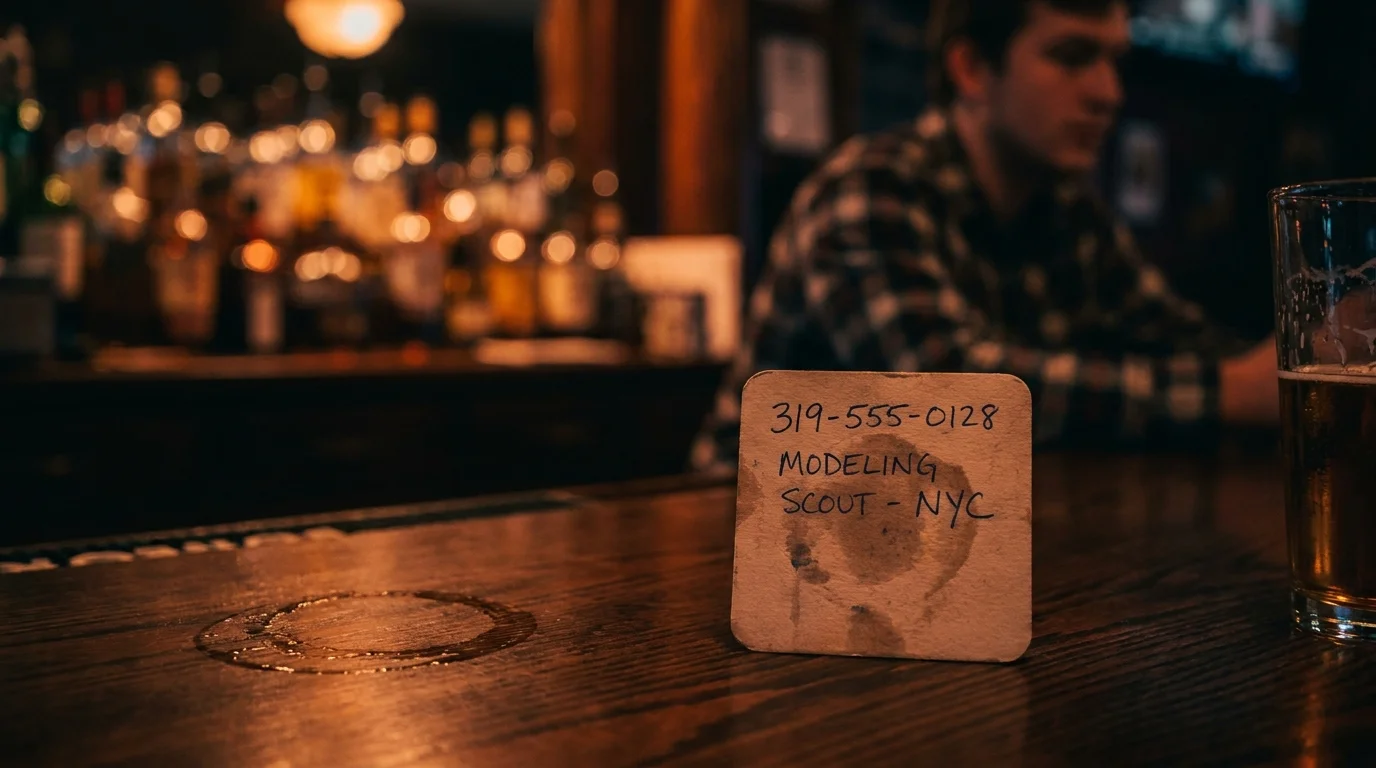 A close-up photo of a bar coaster with 'Modeling Scout' written on it, set against a blurry bar background.