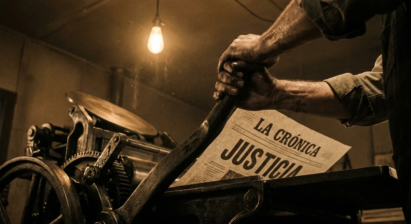 A close-up photo of ink-stained hands operating a manual printing press with a newspaper headline reading 'Justicia'.