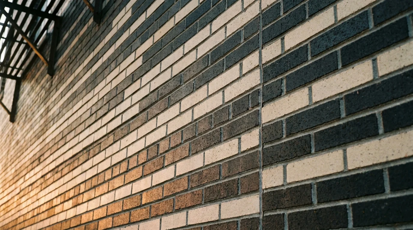 A close-up photograph of a brick wall with alternating dark and light bricks that make the straight mortar lines look tilted.