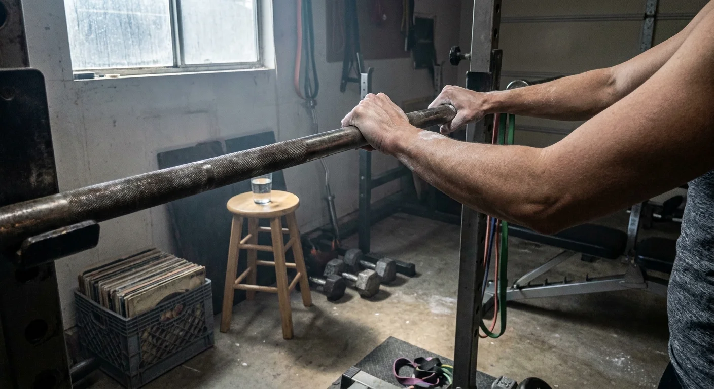A close-up photograph of hands gripping a heavy barbell in a home garage gym, focusing on strength and effort.