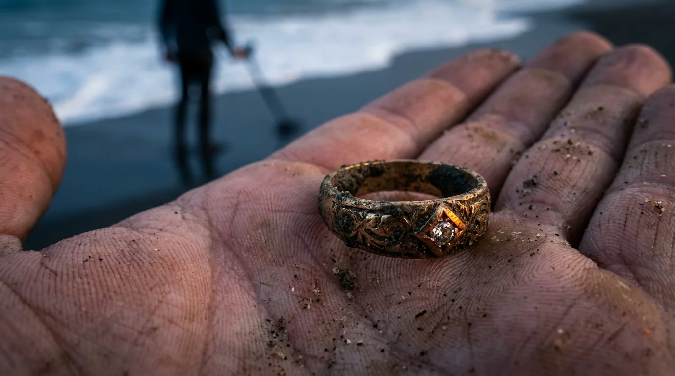 A close-up shot of a dirty gold ring in a person's hand with a blurred beach and metal detector in the background.