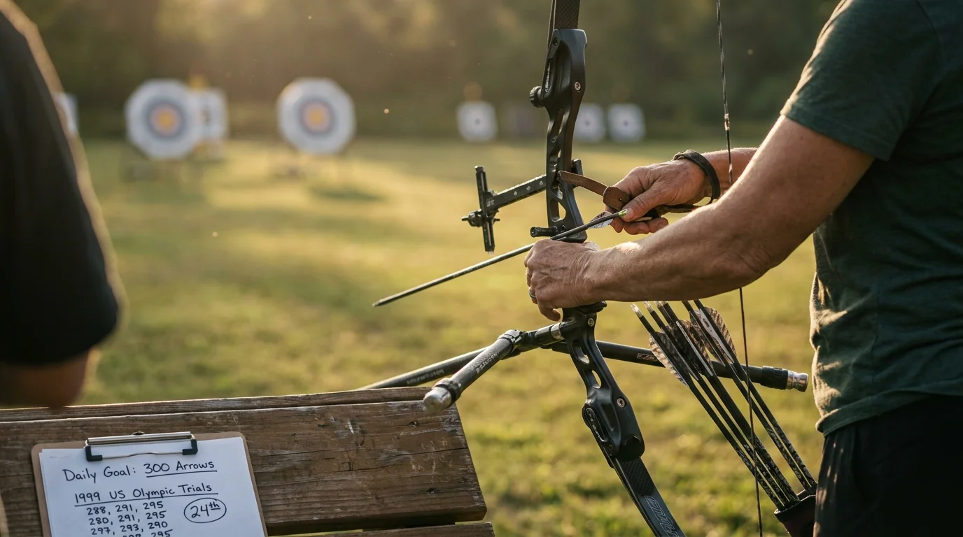 A close-up shot of an archer's hands pulling a bow, with a clipboard in the foreground reading 'Daily Goal: 300 Arrows'.