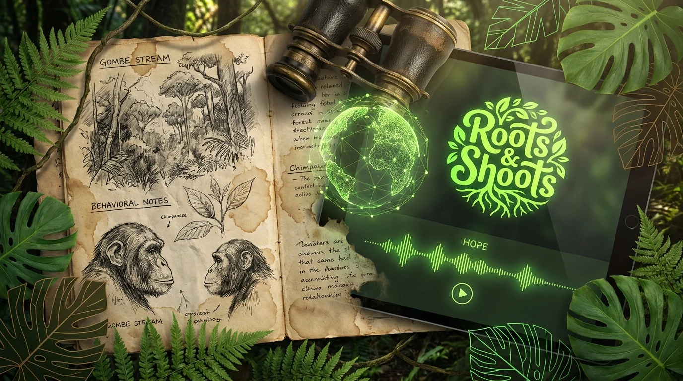 A collage combining vintage field journals with modern digital tablets and green forest leaves to represent environmental activism.