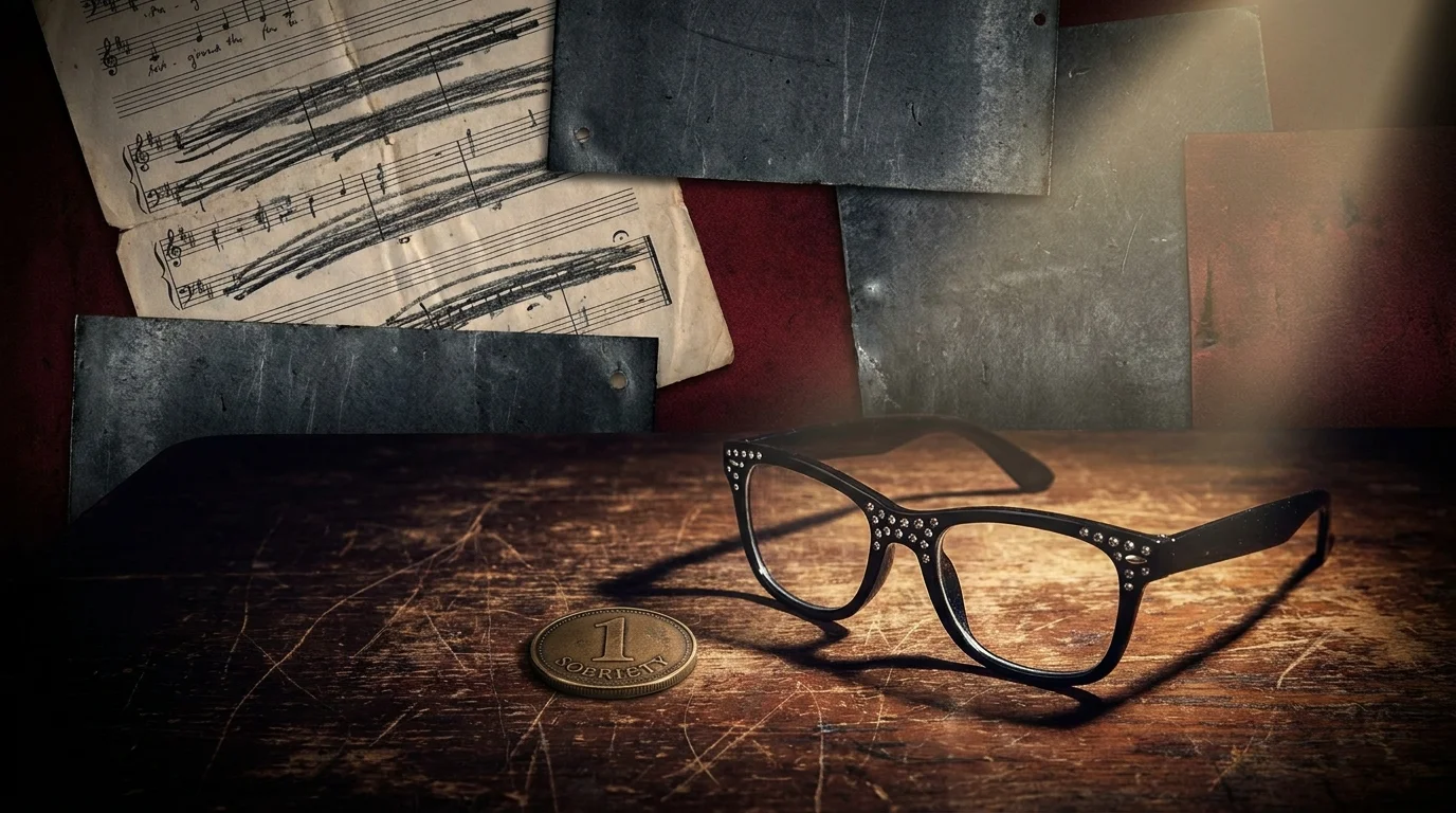 A collage featuring jeweled glasses, a bronze sobriety coin, and handwritten sheet music on a dark wooden surface.