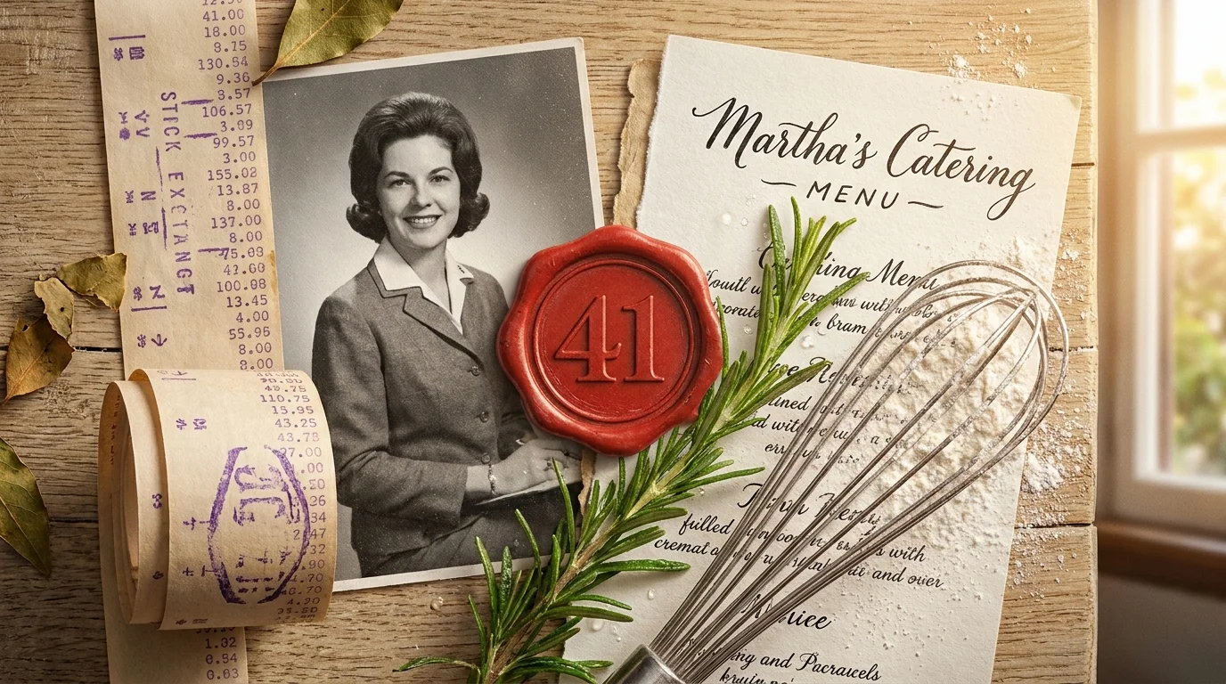 A collage on a wooden table featuring a stock ticker, a catering menu, a whisk, and the number 41.