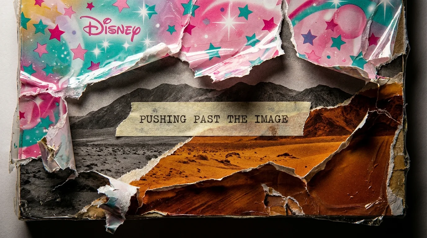 A collage showing a glossy colorful surface being peeled back to reveal a gritty, mature landscape underneath.