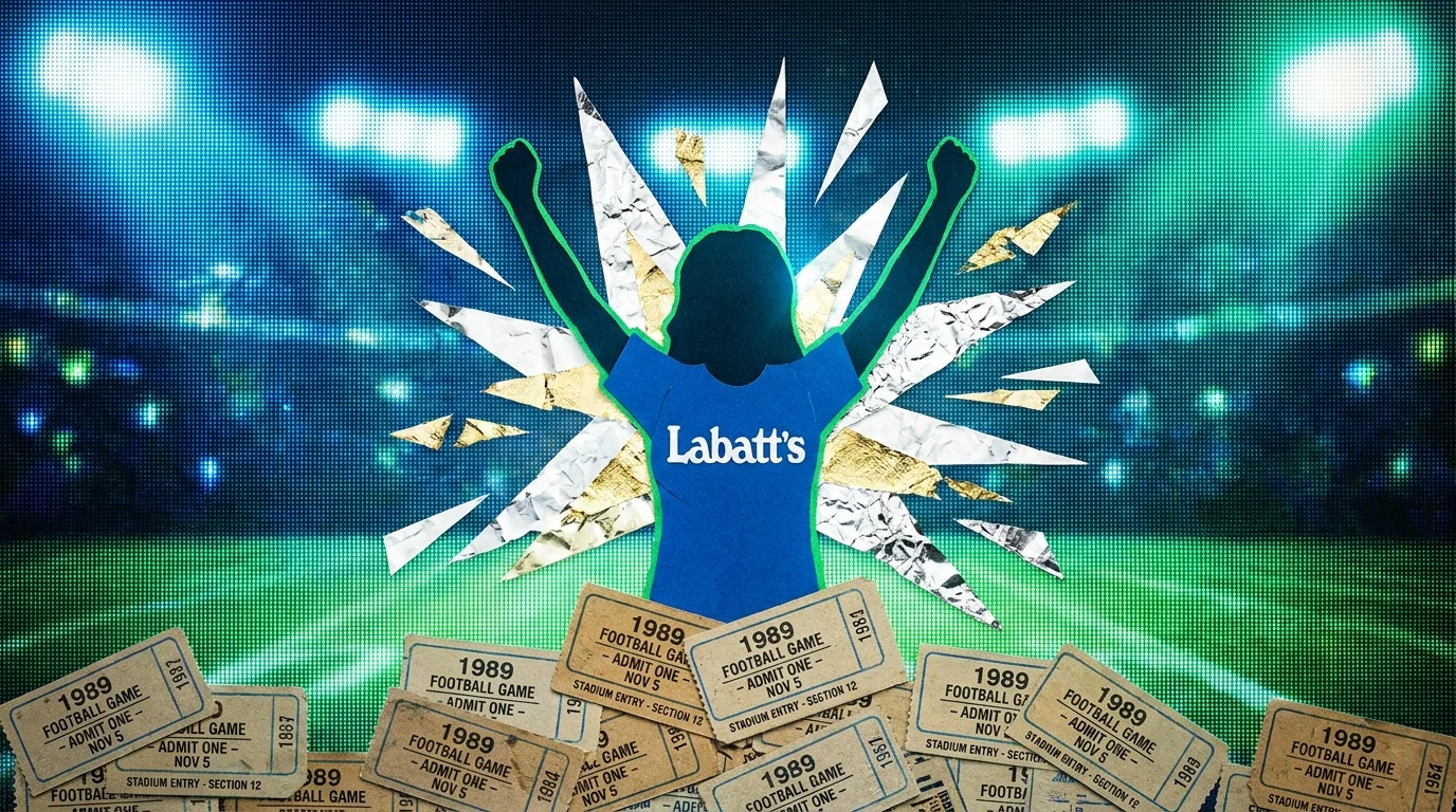 A collage showing a silhouette in a beer t-shirt on a stadium Jumbotron screen with ticket stubs and light bursts.