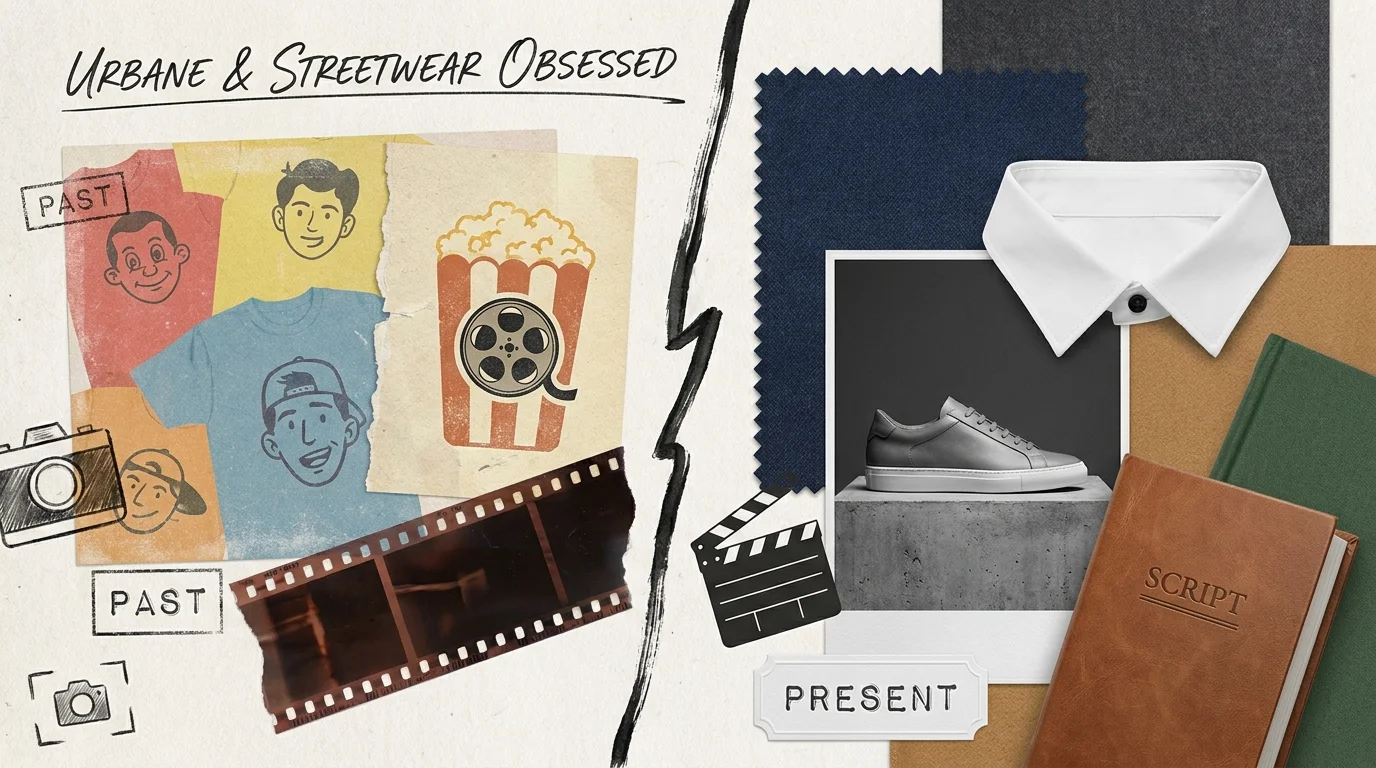 A collage showing a transition from bright graphic tees to sophisticated streetwear textures and film director tools.