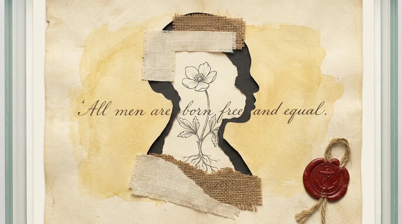 A collage using the Massachusetts Constitution and linen fabric to create a silhouette representing Elizabeth Freeman's path to freedom.