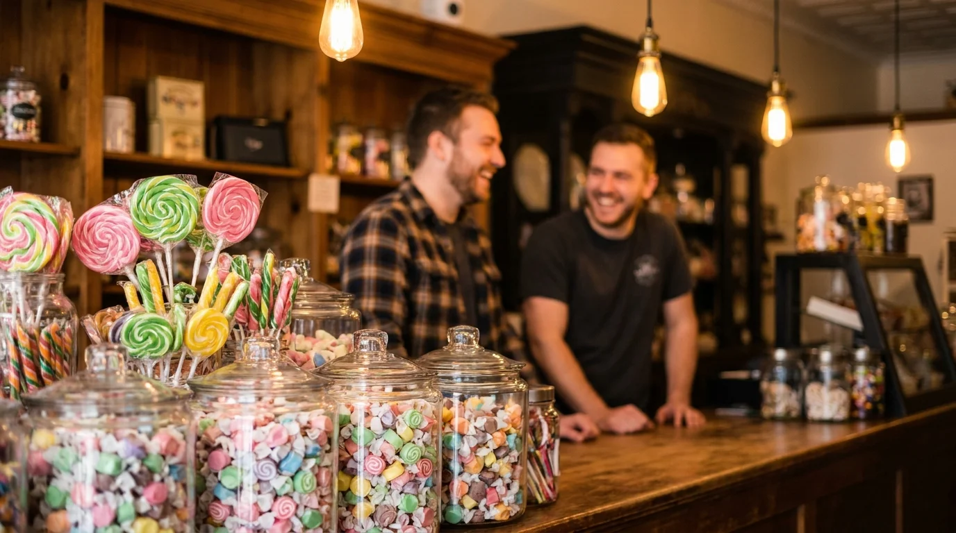 A colorful candy shop interior with jars of taffy in the foreground and two men laughing in the background.
