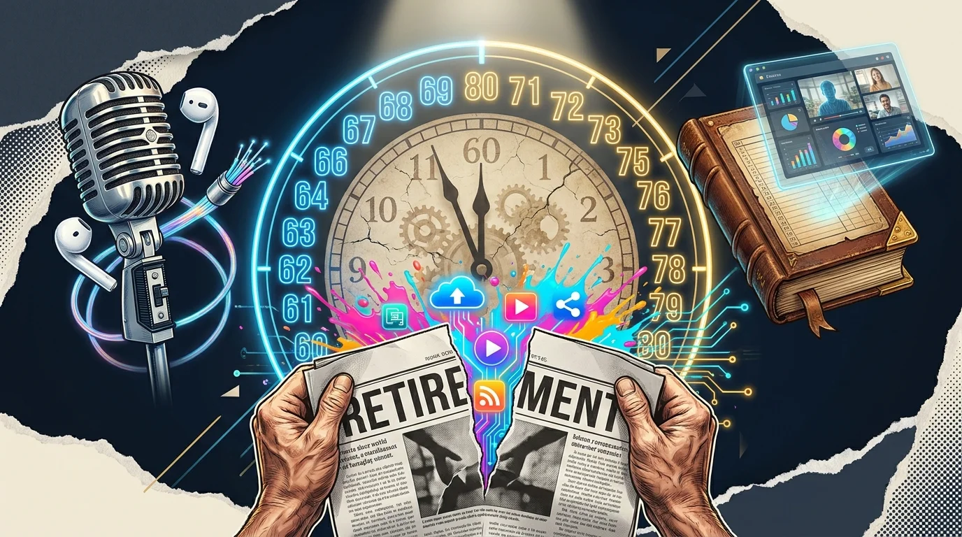 A colorful digital collage showing a clock face with the numbers 60 through 100 glowing, symbolizing career success in later life.