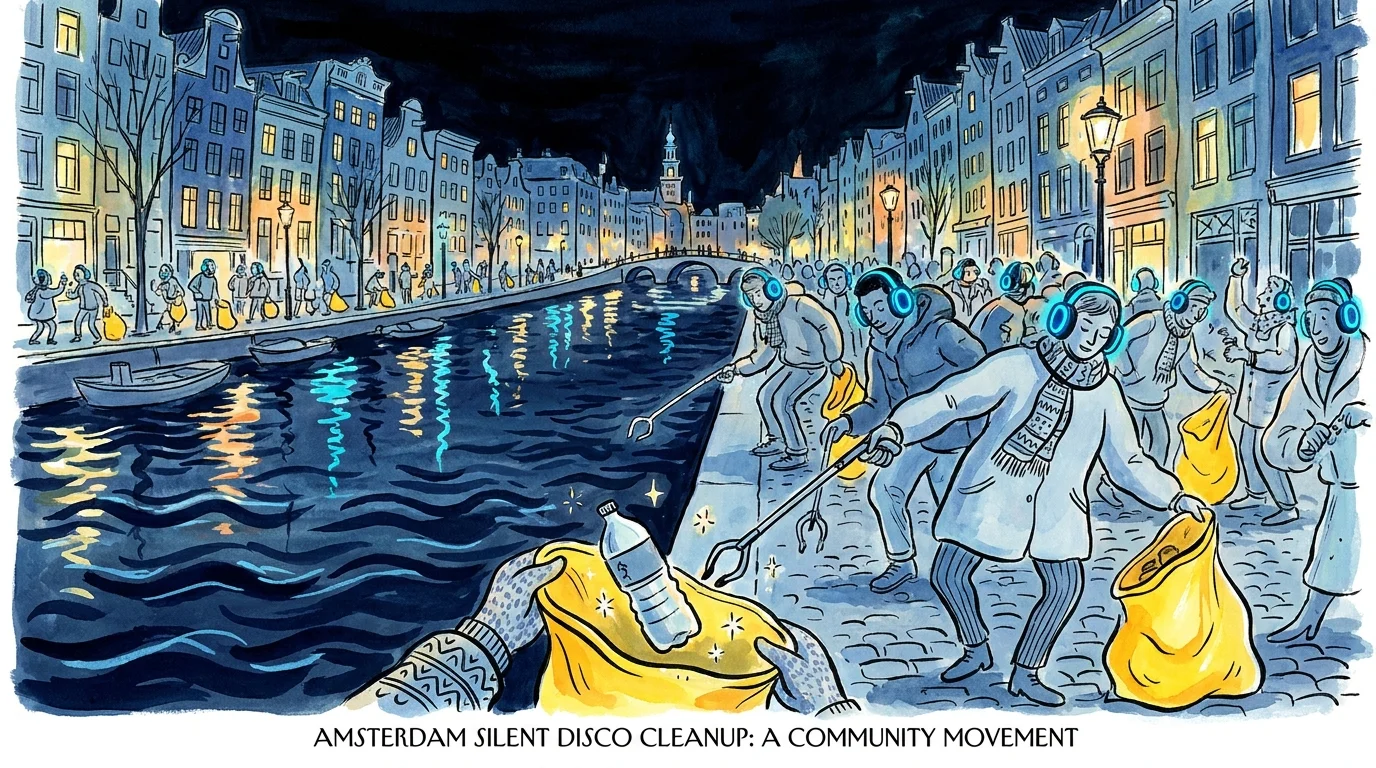 A colorful gouache illustration of people in glowing headphones dancing while picking up trash along an Amsterdam canal at night.