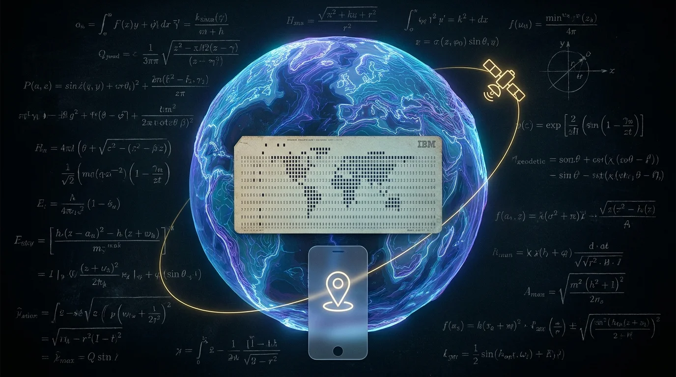 A conceptual artwork layering mathematical equations, a grid model of the Earth, and an IBM punch card to represent GPS development.