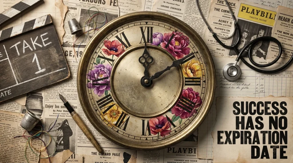 A conceptual collage of a vintage clock blooming with flowers, surrounded by a film slate, thimble, and theater playbills.