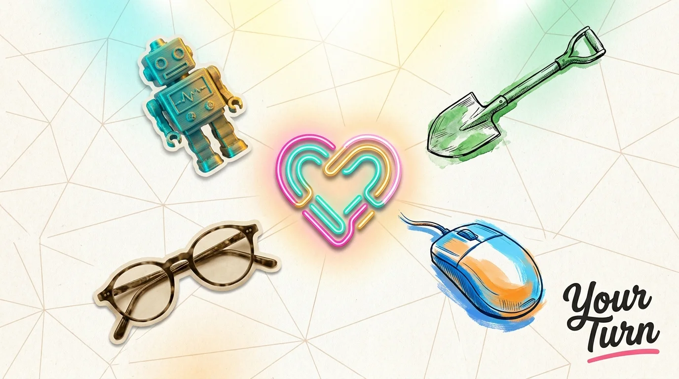 A conceptual collage of icons from the article's stories, including a garden spade and a 3D robot, surrounding a glowing heart.