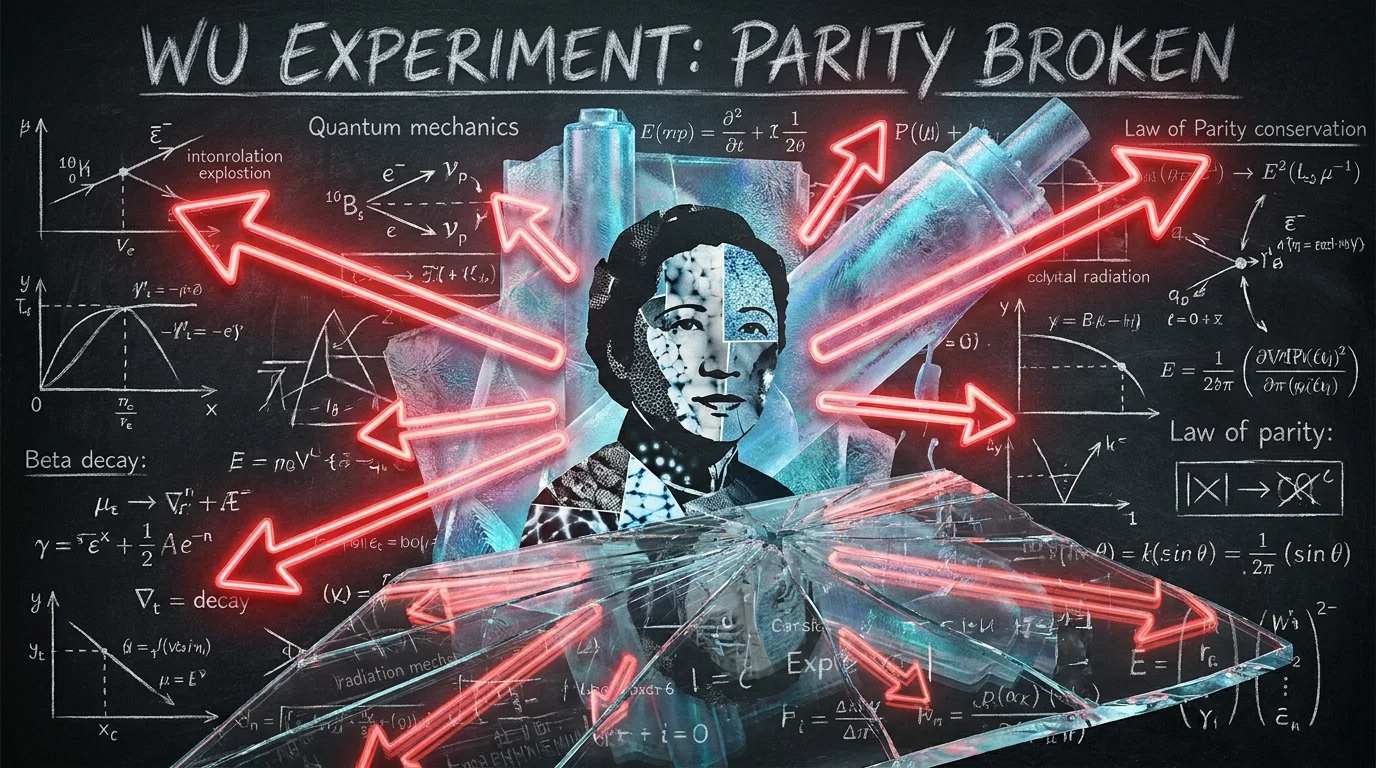 A conceptual collage of physics equations, cobalt crystals, and glowing arrows representing Chien-Shiung Wu's breakthrough in physics.