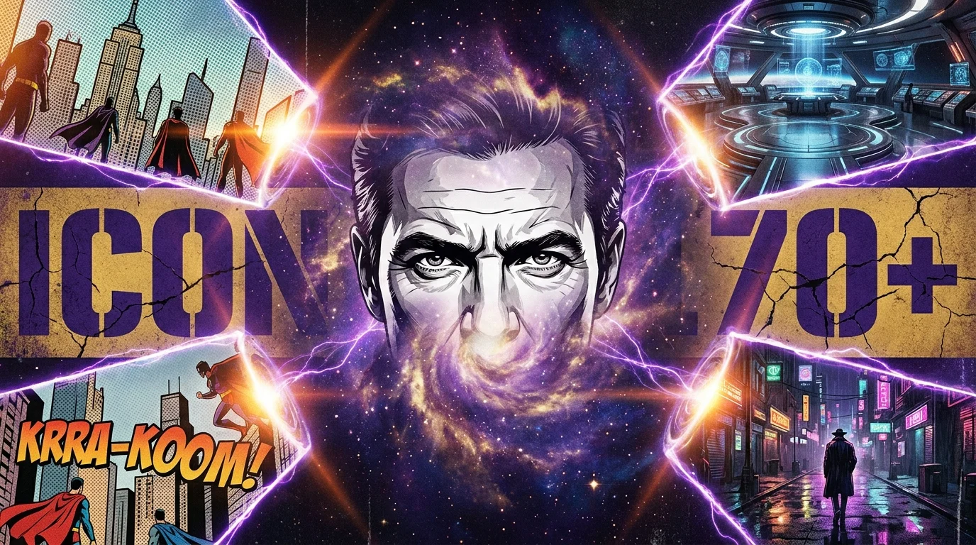 A cosmic digital collage showing different movie worlds connected by glowing lines and the word 'ICON'.