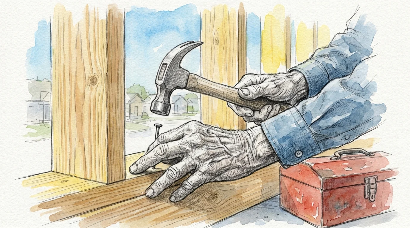 A detailed illustration of a 92-year-old's hands working with wood and tools to rebuild a home.