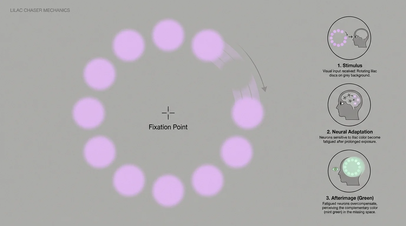 A diagram of the Lilac Chaser illusion with a circle of purple dots and labels explaining the green afterimage effect.