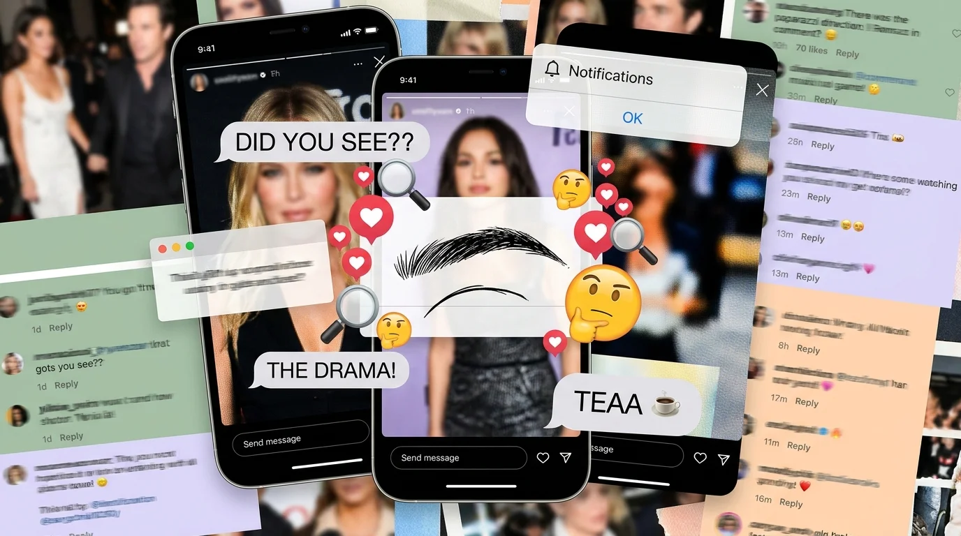 A digital collage of smartphone screens, social media icons, and a hand-drawn eyebrow in soft pastel colors.