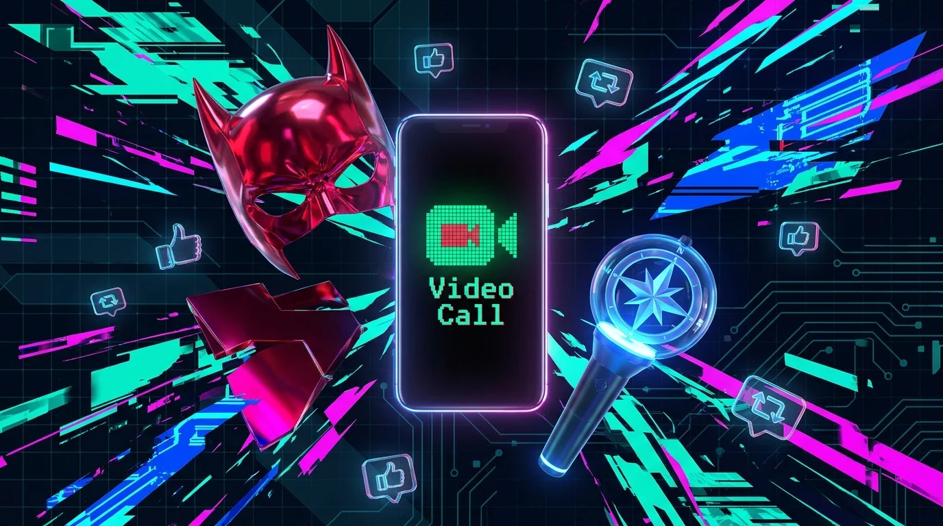 A digital collage with a superhero mask, a K-pop lightstick, and a smartphone screen showing a video call.