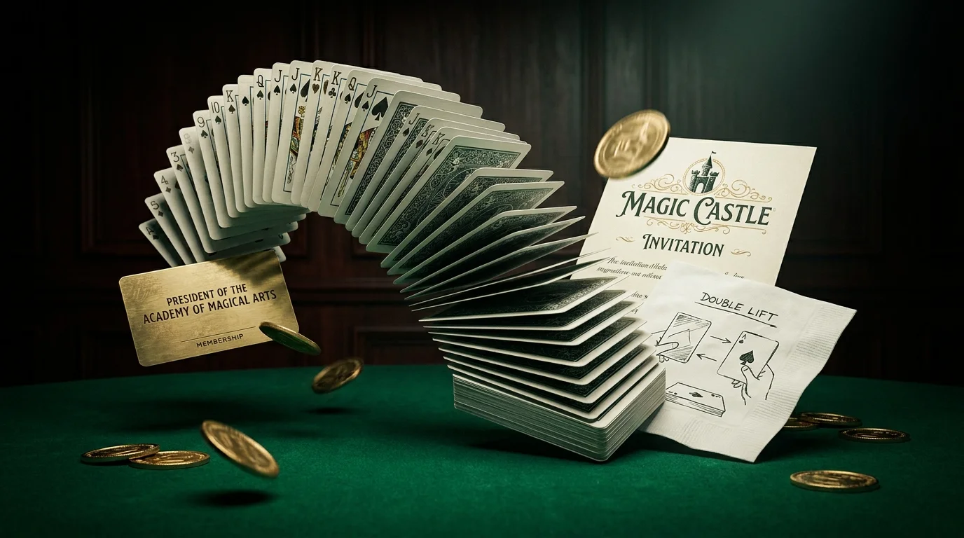 A display of playing cards, a Magic Castle invitation, and a brass card for the President of the Academy of Magical Arts.