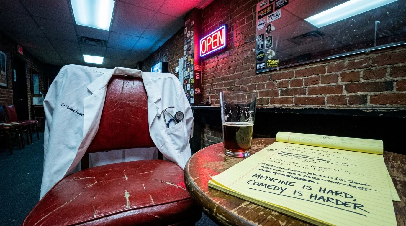 A doctor's white coat and stethoscope next to a pint of beer and stand-up comedy notes in a green room.