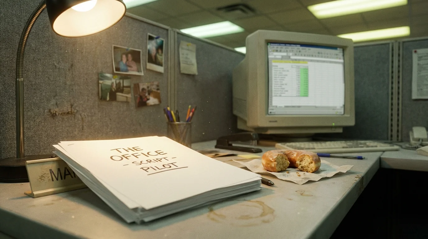 A drab office cubicle with a computer spreadsheet and a handwritten script titled The Office in the foreground.