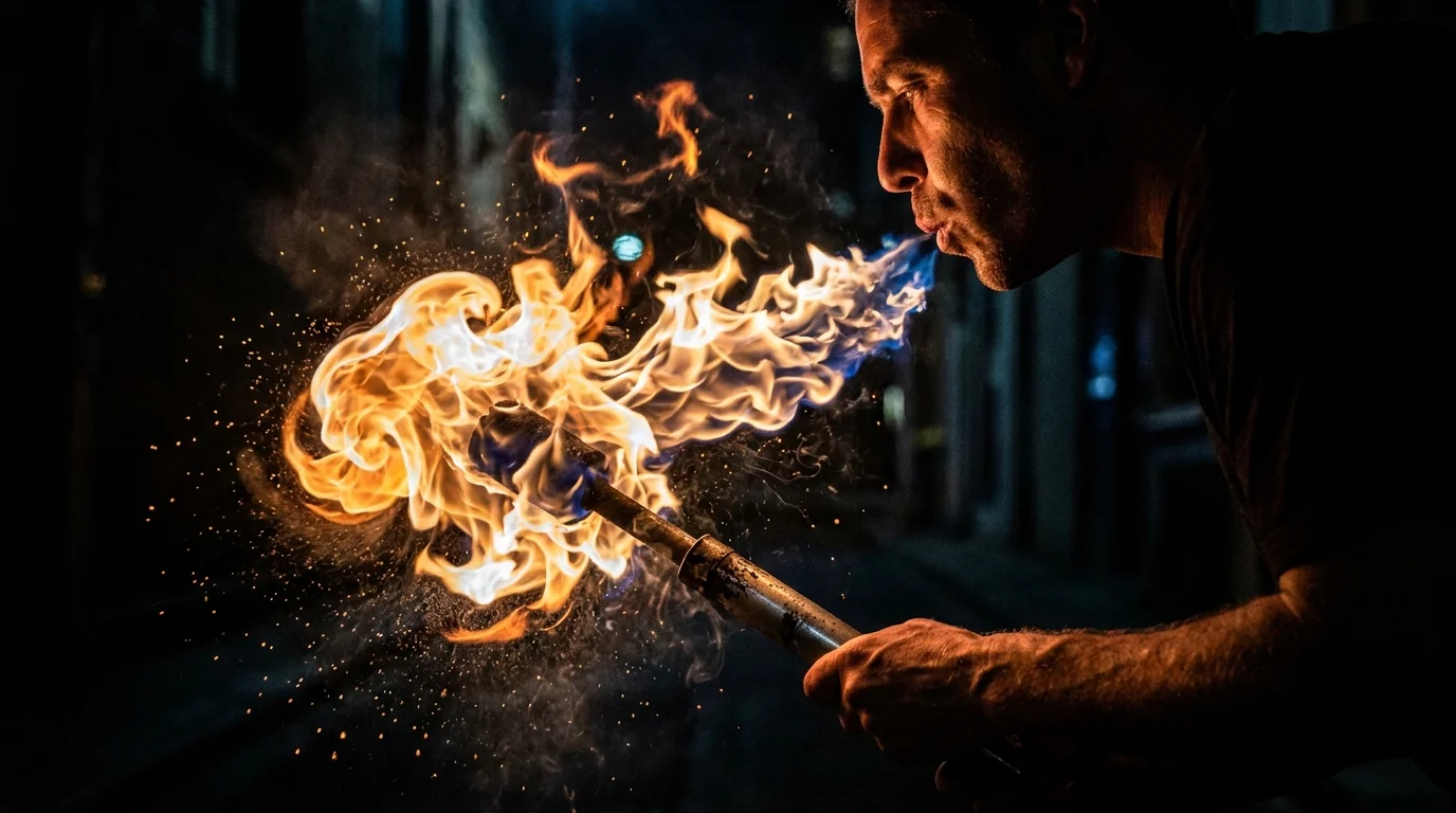 A dramatic close-up photo of a flaming torch used for fire eating, with sparks flying against a dark background.