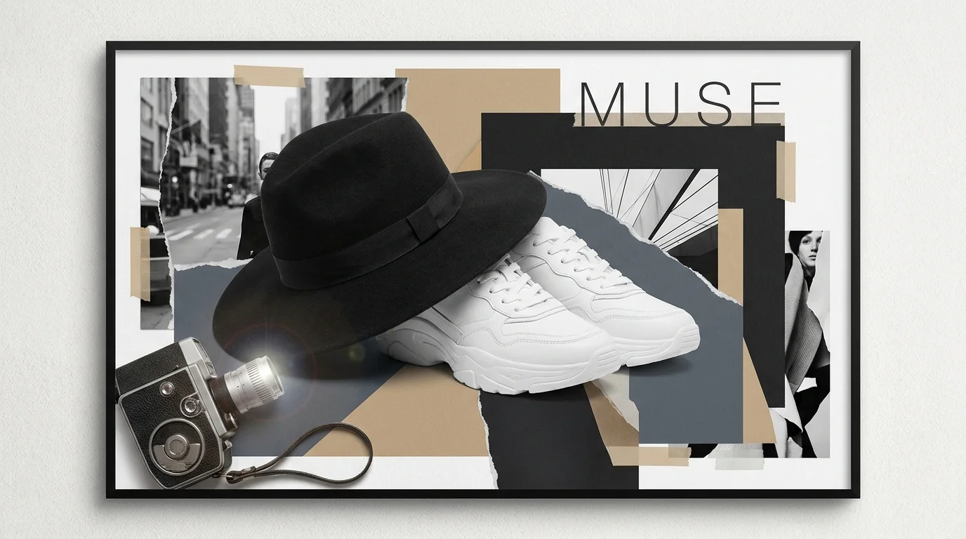A fashion-focused collage with a wide-brimmed hat, white sneakers, and a vintage film camera.