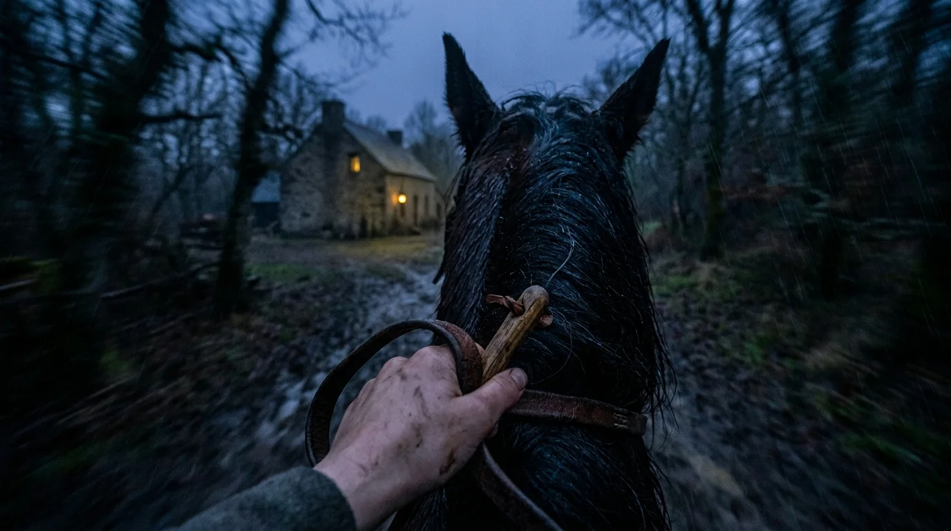 A first-person view from a galloping horse at night in the rain, showing a hand on the reins and a dark, blurred forest.